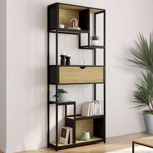 Etagère Bibliothèque 6 Niveaux Asymétrique Detroit Avec Tiroir Design Industriel 161 Cm