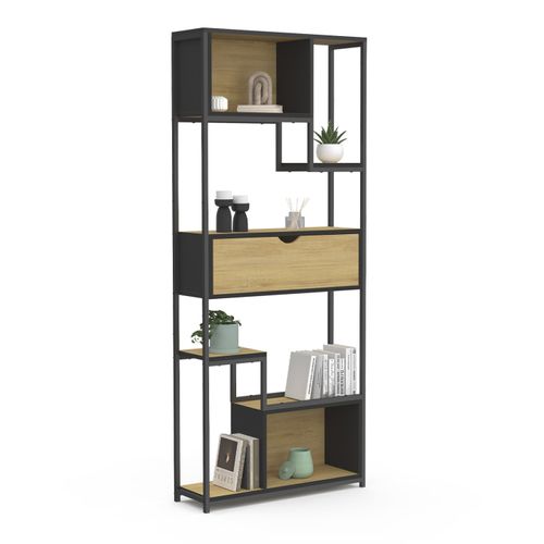 Etagère Bibliothèque 6 Niveaux Asymétrique Detroit Avec Tiroir Design Industriel 161 Cm