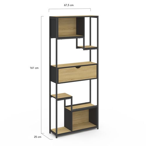 Etagère Bibliothèque 6 Niveaux Asymétrique Detroit Avec Tiroir Design Industriel 161 Cm