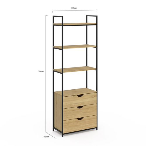 Etagère Bibliothèque 4 Niveaux Avec 3 Tiroirs Detroit Design Industriel 170 Cm