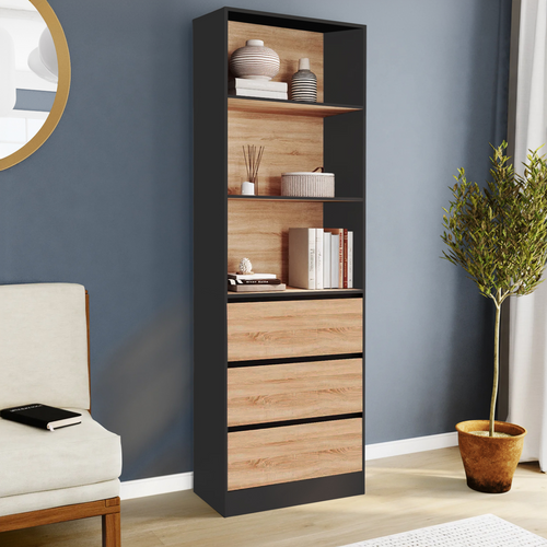 Etagère Bibliothèque Carla 3 Niveaux 3 Tiroirs Noir Et Effet Bois 190 Cm