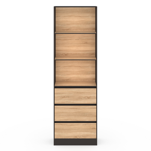 Etagère Bibliothèque Carla 3 Niveaux 3 Tiroirs Noir Et Effet Bois 190 Cm