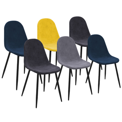 Lot De 6 Chaises Dali En Velours Mix Color Bleu, Gris Foncé, Gris Clair Et Jaune