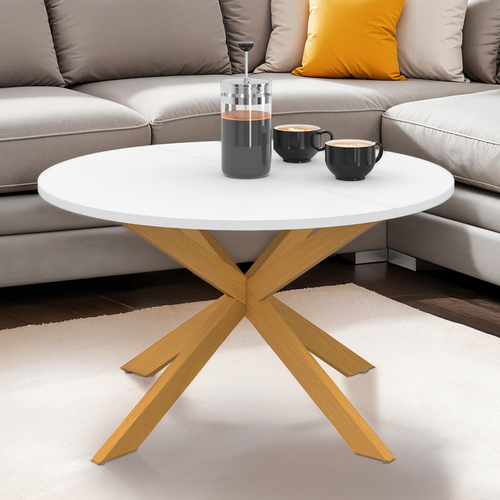 Table Basse Gisele Ronde 70 Cm Pied Araignée Plateau Blanc Et Pied Effet Bois