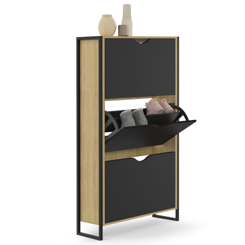 Meuble à Chaussures 18 Paires Boston 3 Portes Noires Design Industriel