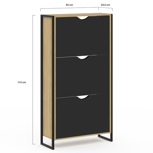 Meuble à Chaussures 18 Paires Boston 3 Portes Noires Design Industriel