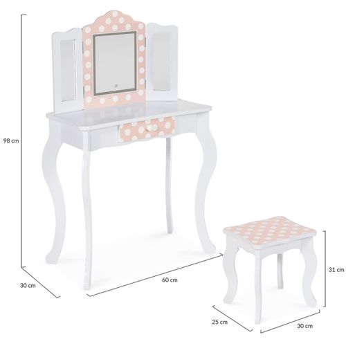 Coiffeuse Enfant Roza LED Blanche Et Rose Avec 3 Miroirs Et Tabouret