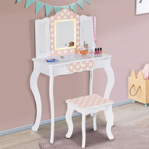 Coiffeuse Enfant Roza LED Blanche Et Rose Avec 3 Miroirs Et Tabouret