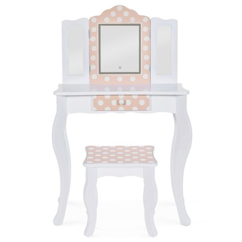 Coiffeuse Enfant Roza LED Blanche Et Rose Avec 3 Miroirs Et Tabouret