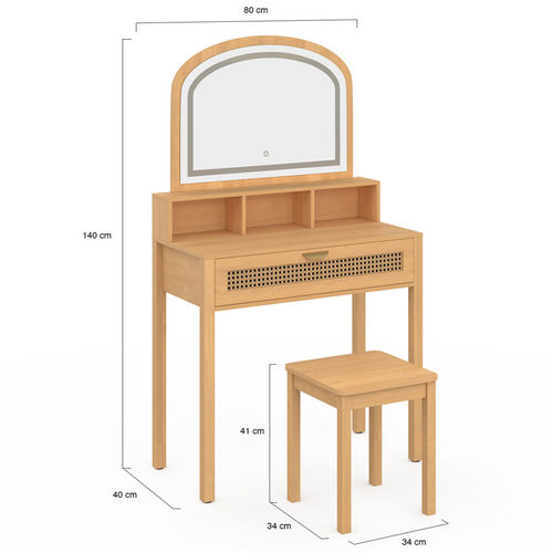 Coiffeuse Edhen Avec Miroir LED, 1 Tiroir, 3 Niches Et Tabouret Effet Cannage Naturel Et Bois