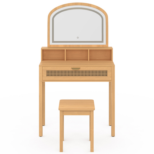 Coiffeuse Edhen Avec Miroir LED, 1 Tiroir, 3 Niches Et Tabouret Effet Cannage Naturel Et Bois