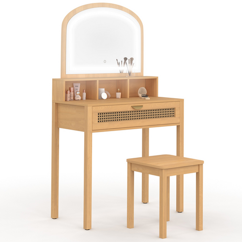 Coiffeuse Edhen Avec Miroir LED, 1 Tiroir, 3 Niches Et Tabouret Effet Cannage Naturel Et Bois