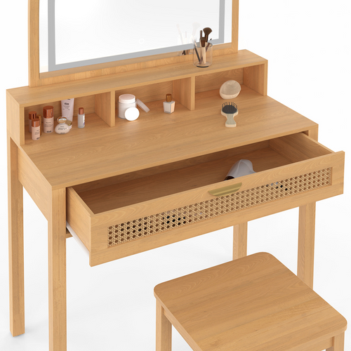 Coiffeuse Edhen Avec Miroir LED, 1 Tiroir, 3 Niches Et Tabouret Effet Cannage Naturel Et Bois