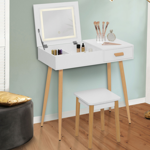 Coiffeuse Scandinave Lisa Blanche Miroir Rabattable LED Et Tabouret