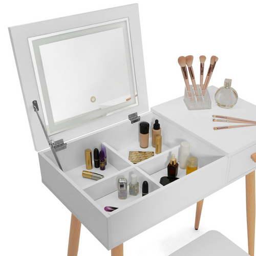 Coiffeuse Scandinave Lisa Blanche Miroir Rabattable LED Et Tabouret