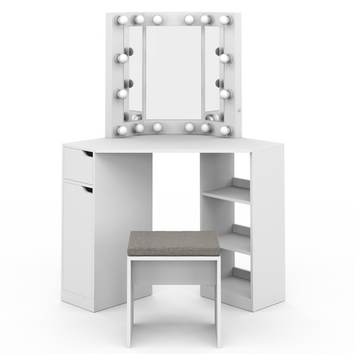 Coiffeuse D'angle Zelia Blanche 3 Miroirs LED, 3 Étagères, 1 Tiroir, 1 Caisson De Rangement Et Tabou