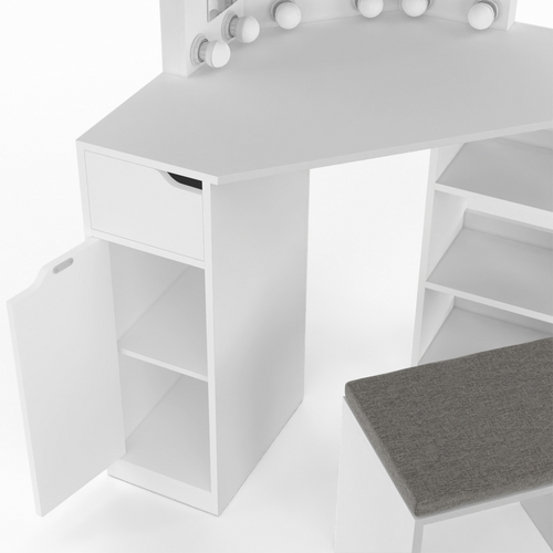 Coiffeuse D'angle Zelia Blanche 3 Miroirs LED, 3 Étagères, 1 Tiroir, 1 Caisson De Rangement Et Tabou