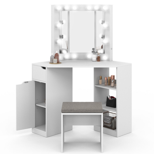Coiffeuse D'angle Zelia Blanche 3 Miroirs LED, 3 Étagères, 1 Tiroir, 1 Caisson De Rangement Et Tabou