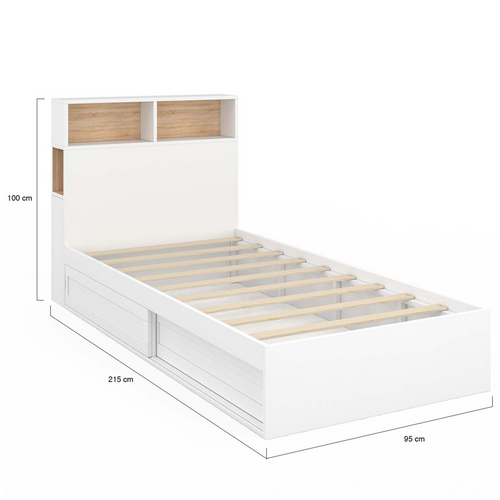 Lit Simple Clem Avec Rangement, Tête De Lit Et Sommier 90 X 190 Cm Blanc Et Hêtre