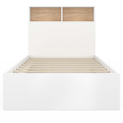 Lit Simple Clem Avec Rangement, Tête De Lit Et Sommier 90 X 190 Cm Blanc Et Hêtre