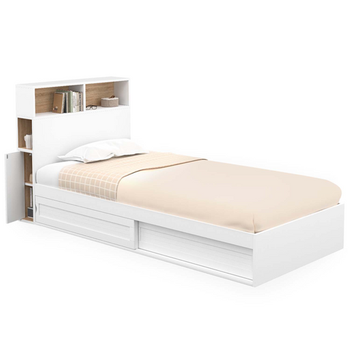 Lit Simple Clem Avec Rangement, Tête De Lit Et Sommier 90 X 190 Cm Blanc Et Hêtre
