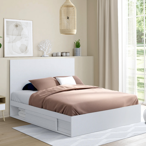 Lit Double Melsa Avec Rangements Tête De Lit Et Sommier 140 X 190 Cm Blanc