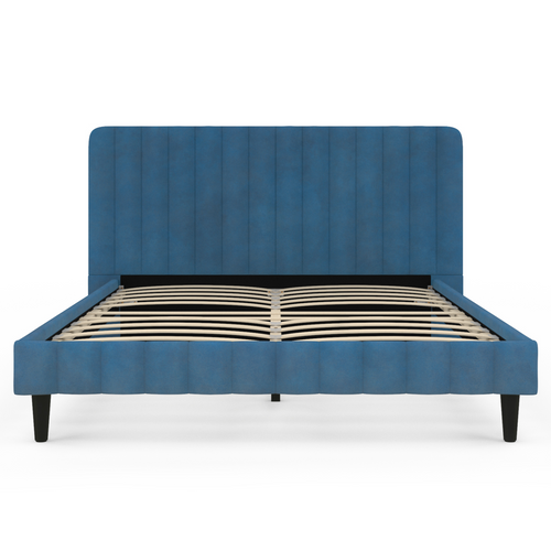 Lit Double Annie Avec Tête De Lit Et Sommier 140 X 190 Cm Velours Bleu