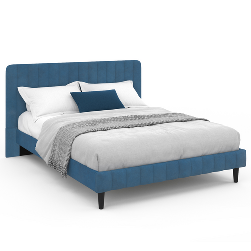 Lit Double Annie Avec Tête De Lit Et Sommier 140 X 190 Cm Velours Bleu