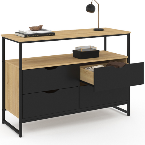 Commode 4 Tiroirs Noirs Boston 110 Cm Design Industriel Avec Étagère