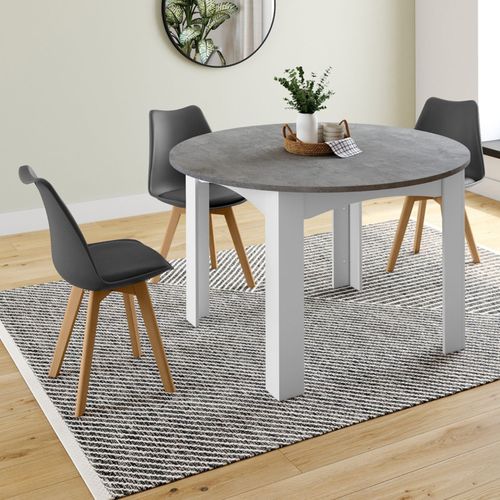 Table à Manger Extensible Ronde Dona 4-8 Personnes Blanc Plateau Effet Béton 110-150 Cm