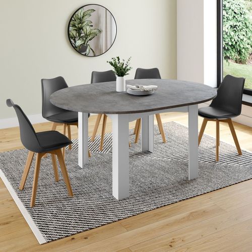 Table à Manger Extensible Ronde Dona 4-8 Personnes Blanc Plateau Effet Béton 110-150 Cm