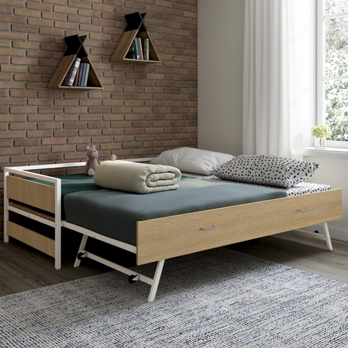 Lit Banquette 90 X 190 Cm Detroit Convertible 180 X 190 Cm Hêtre Et Blanc Style Industriel