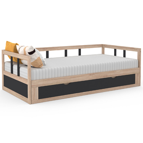 Lit Banquette 90 X 190 Cm Zoya Convertible 180 X 190 Cm Hêtre Et Noir Avec 1 Tiroir De Rangement