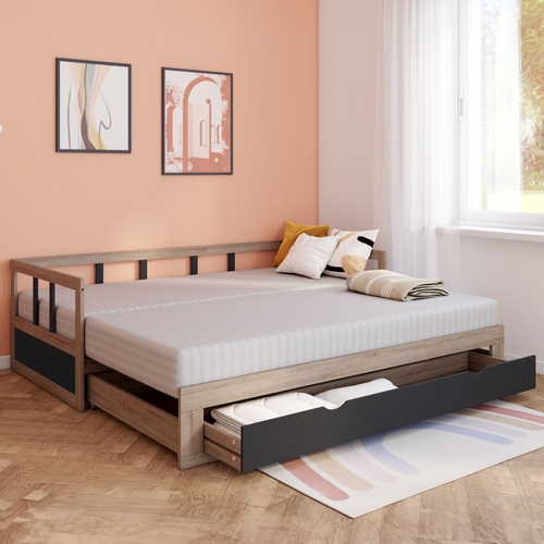 Lit Banquette 90 X 190 Cm Zoya Convertible 180 X 190 Cm Hêtre Et Noir Avec 1 Tiroir De Rangement