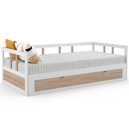 Lit Banquette 90 X 190 Cm Zoya Convertible 180 X 190 Cm Blanc Et Hêtre Avec 1 Tiroir De Rangement