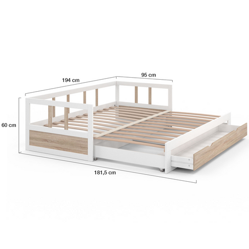 Lit Banquette 90 X 190 Cm Zoya Convertible 180 X 190 Cm Blanc Et Hêtre Avec 1 Tiroir De Rangement