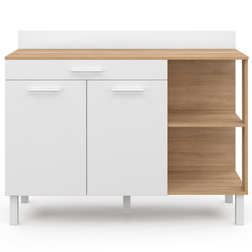 Buffet Bas De Cuisine 120 Cm Cina Plan De Travail H.83 Cm 2 Portes + Tiroir Façon Hêtre Et Blanc