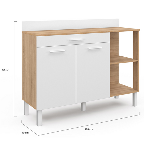 Buffet Bas De Cuisine 120 Cm Cina Plan De Travail H.83 Cm 2 Portes + Tiroir Façon Hêtre Et Blanc