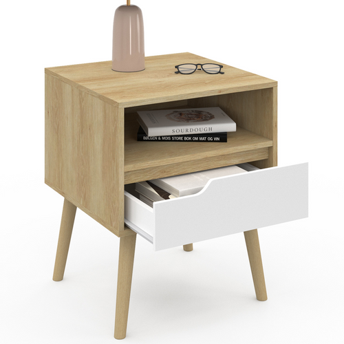 Lot De 2 Tables De Chevet Helsinki Scandinaves 1 Tiroir Avec Niche Effet Hêtre Et Blanc