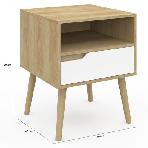 Lot De 2 Tables De Chevet Helsinki Scandinaves 1 Tiroir Avec Niche Effet Hêtre Et Blanc