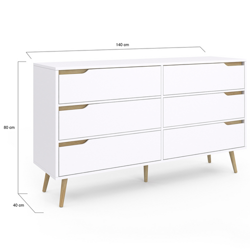 Commode 6 Tiroirs Helsinki XXL 140 Cm Scandinave Blanc