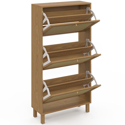 Meuble à Chaussures 18 Paires Hanae 3 Portes Effet Naturel Cannage