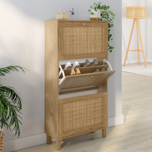 Meuble à Chaussures 18 Paires Hanae 3 Portes Effet Naturel Cannage