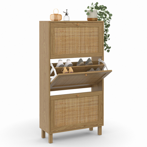 Meuble à Chaussures 18 Paires Hanae 3 Portes Effet Naturel Cannage