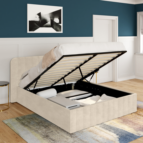 Lit Coffre Double Alba Avec Tête De Lit Et Sommier 140 X 190 Cm Velours Beige