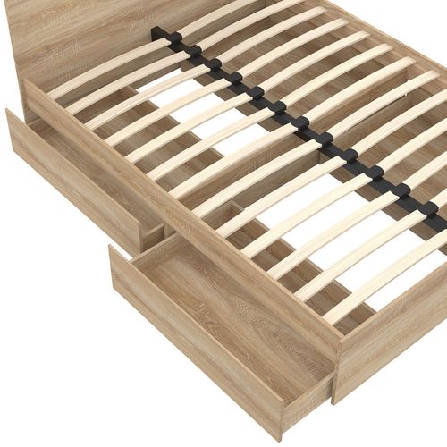 Lit Double Omaha 4 Tiroirs Sur Roulettes Avec Tête De Lit Et Sommier 140 X 190 Cm Façon Hêtre