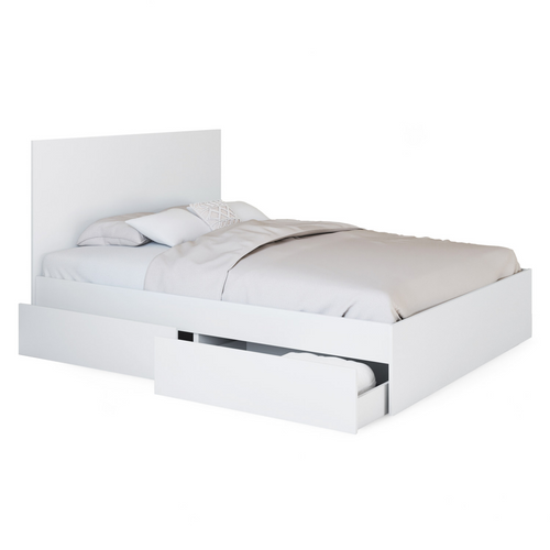 Lit Double Omaha 4 Tiroirs Sur Roulettes Avec Tête De Lit Et Sommier 140 X 190 Cm Blanc