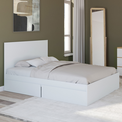 Lit Double Omaha 4 Tiroirs Sur Roulettes Avec Tête De Lit Et Sommier 140 X 190 Cm Blanc