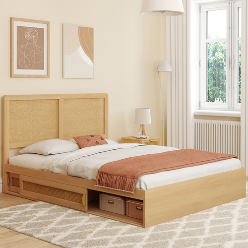 Lit Double Edhen Avec Rangements + Tête De Lit Effet Cannage Naturel Et Sommier 140 X 190 Cm Coloris