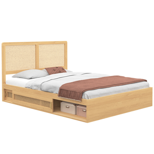 Lit Double Edhen Avec Rangements + Tête De Lit Effet Cannage Naturel Et Sommier 140 X 190 Cm Coloris